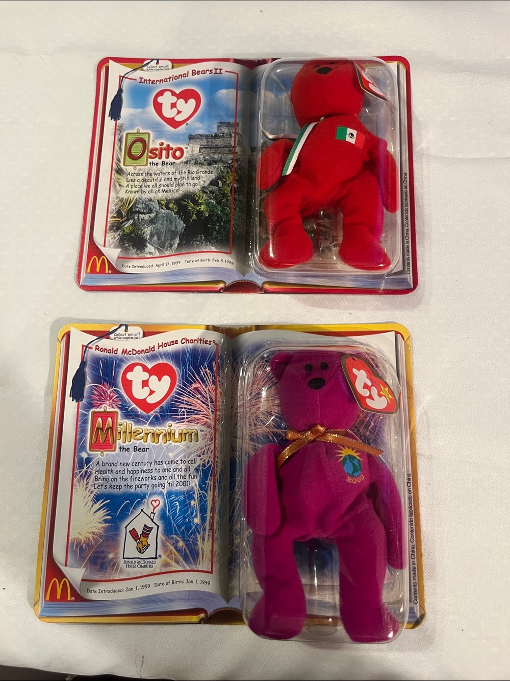 Ty Beanie Baby Osito & Millennium Bear Plush Set - Red & Purple